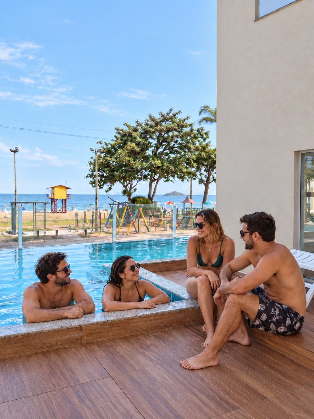Zona de piscina con vista al mar, una torre de salvavidas y un parque infantil.