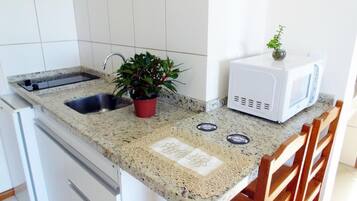 Una cocina con encimera de granito, un lavamanos, un microondas y una planta en maceta.
