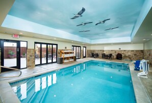 An indoor swimming pool with a clear ceiling and a stone wall.