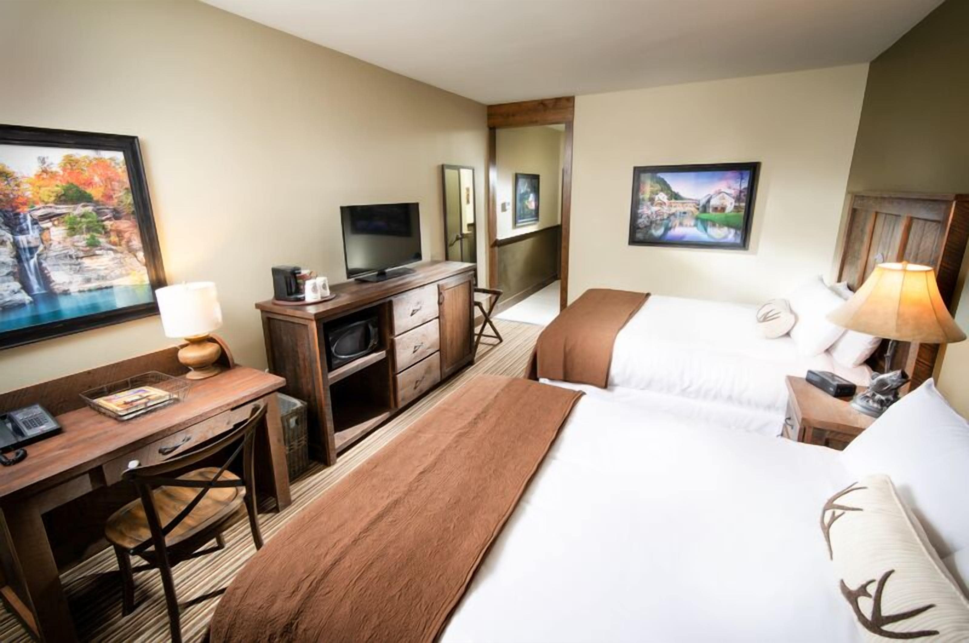 double queen | premium bedding, desk, laptop workspace, iron/ironing board