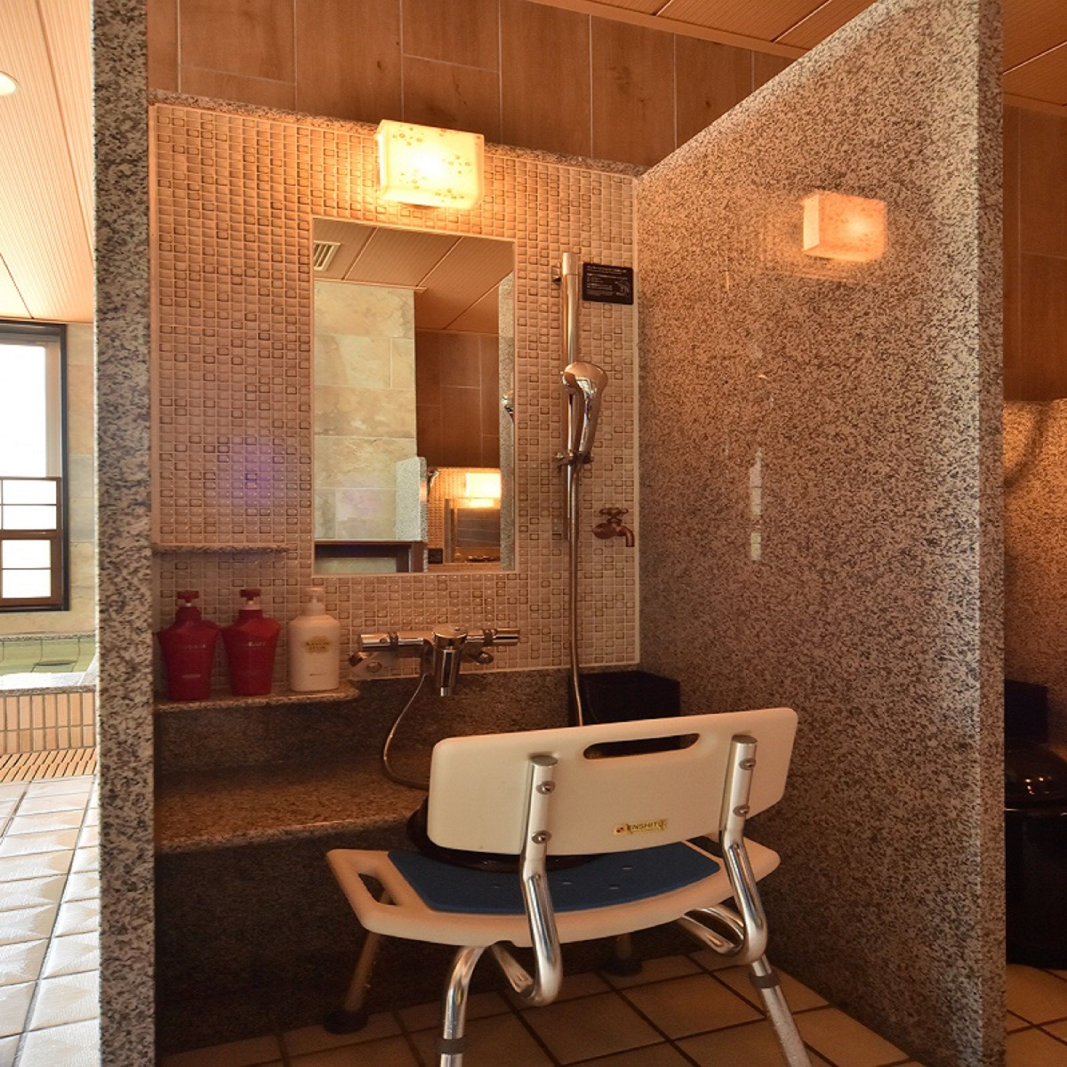 A bathroom with a shower, a sink, a mirror, and a wheelchair-accessible chair.