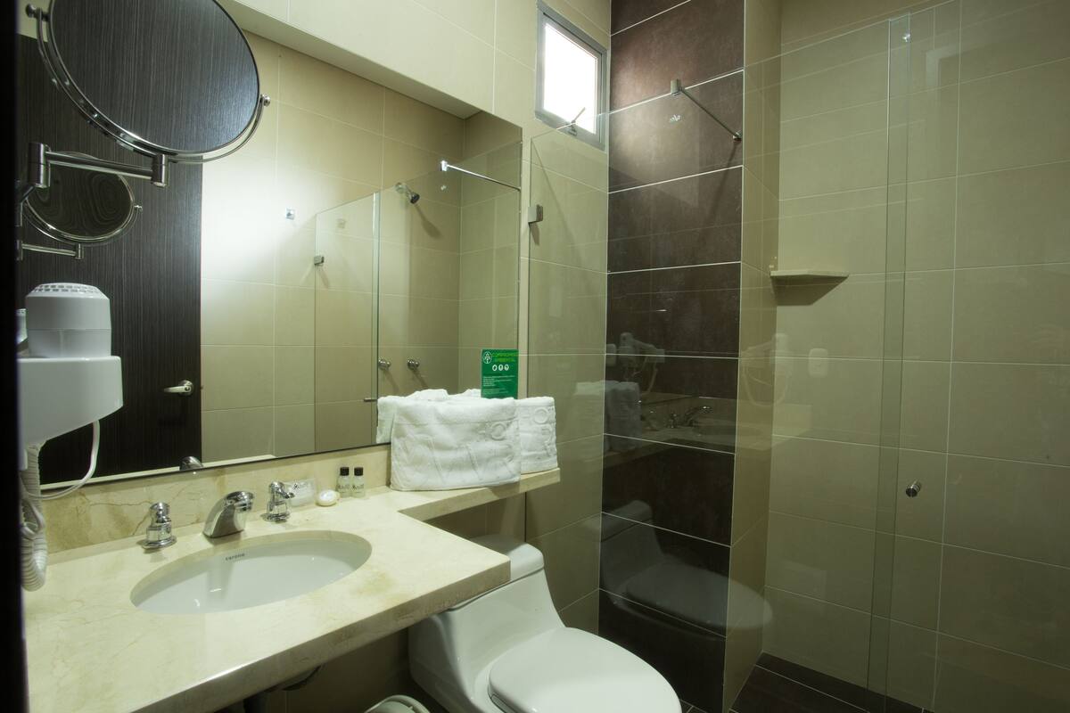 A bathroom with a sink, toilet, and a glass-enclosed shower.