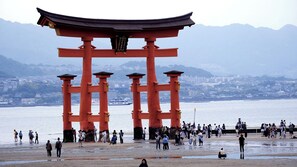Un torii japonés tradicional con un paisaje urbano y montañas al fondo.