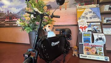 A black scooter with a dog figurine on the seat, a potted plant, and a display of Doggie scooters.
