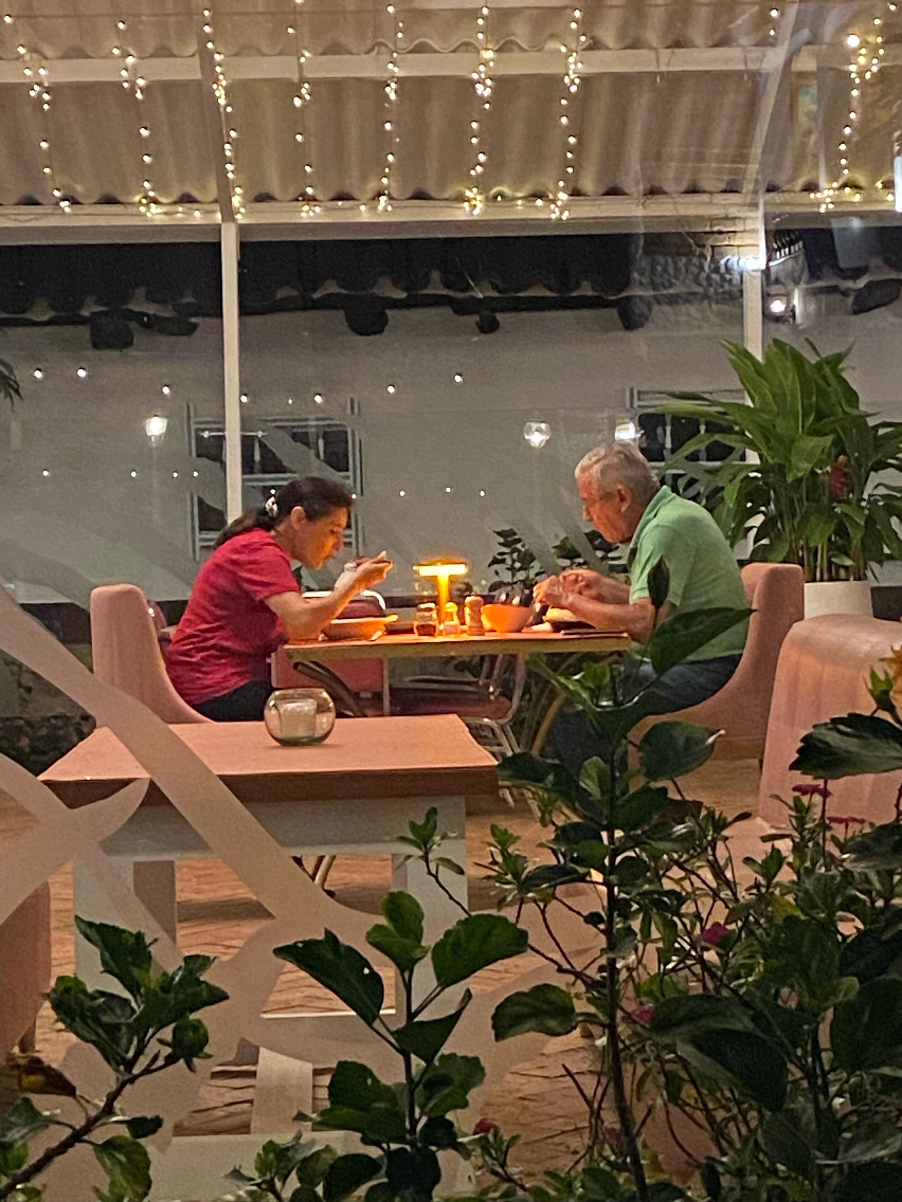 Een buitenterras met tafels en stoelen, slingers en plantenpotten.