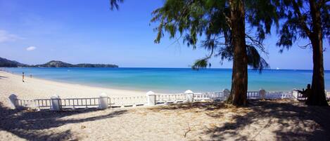 A beach with a white fence, clear blue water, and a tree in the foreground.