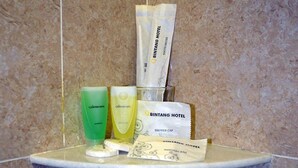 A bathroom shelf with toiletries including a green bottle, a yellow bottle, a shower cap, and a towel bag.