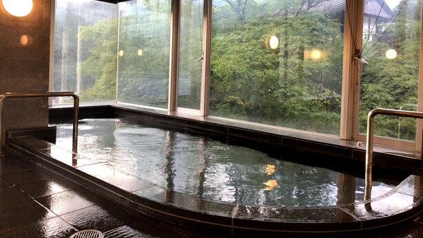 Une piscine intérieure où l’on peut nager même par temps humide, avec vue sur les arbres et un bâtiment, le tout visible à travers de grandes fenêtres.
