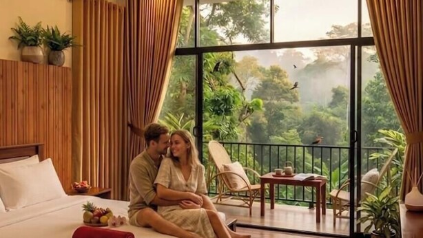 Une chambre avec un lit, un ventilateur de plafond, un balcon avec une balustrade et une vue sur la verdure.