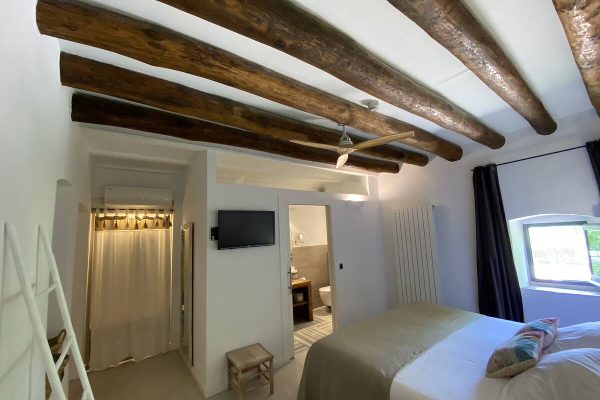 Een slaapkamer met een bed, een plafondventilator, een televisie en een raam met gordijnen.