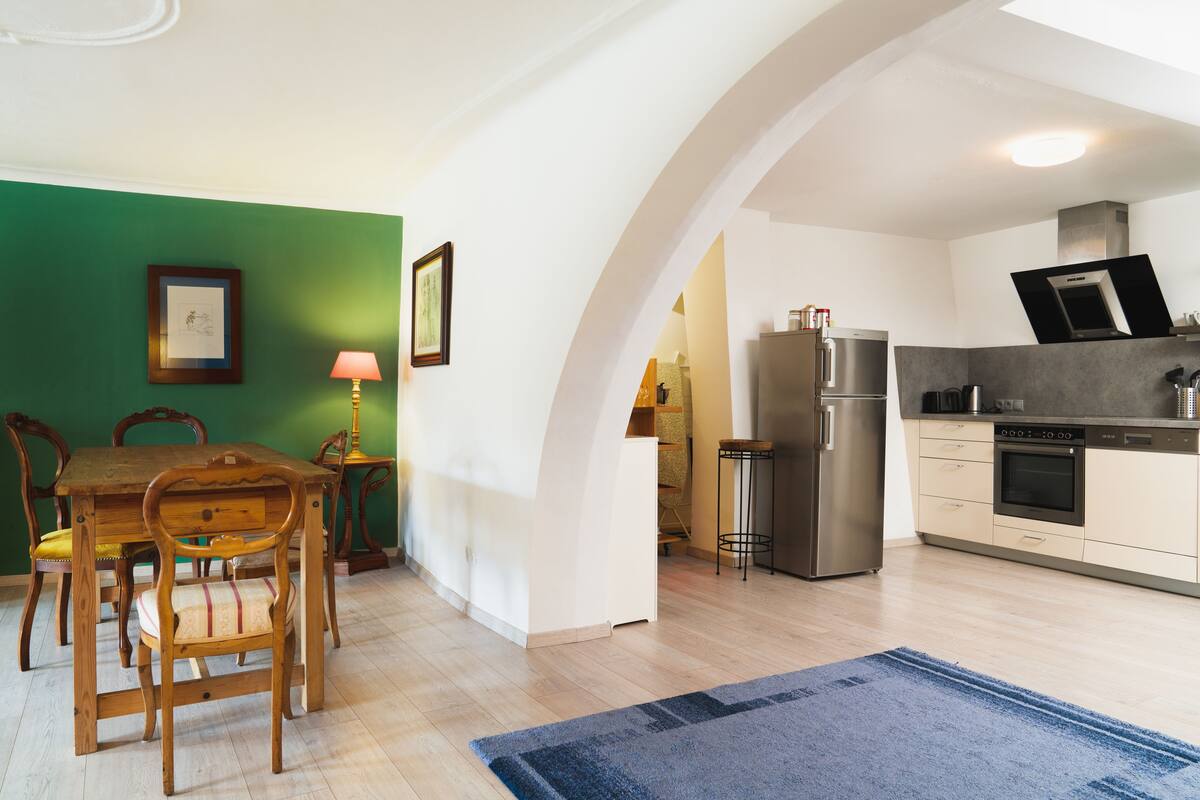 apartment, city view | private kitchen | fridge, oven, stovetop, dishwasher