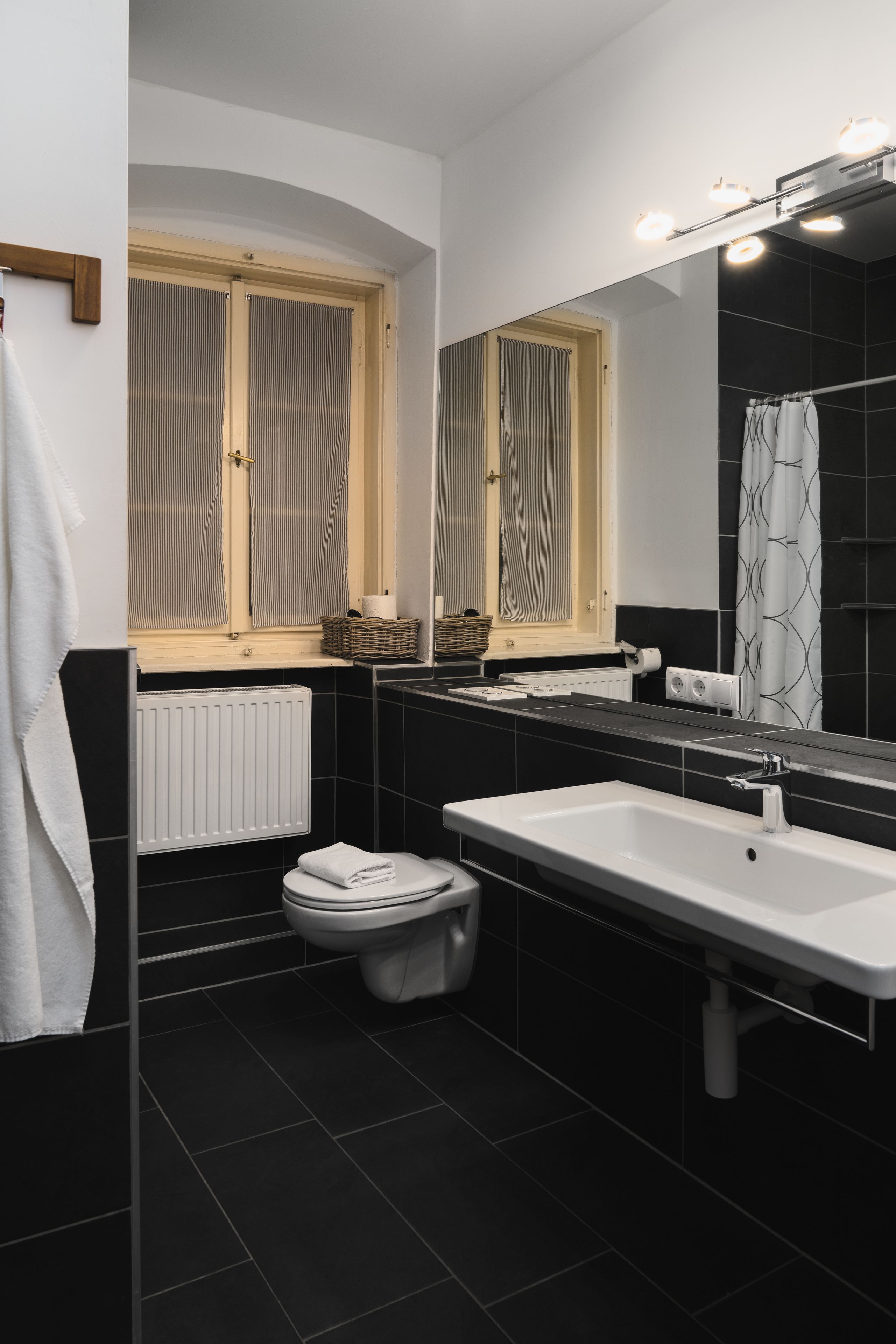 apartment, city view | bathroom | shower, hair dryer, towels