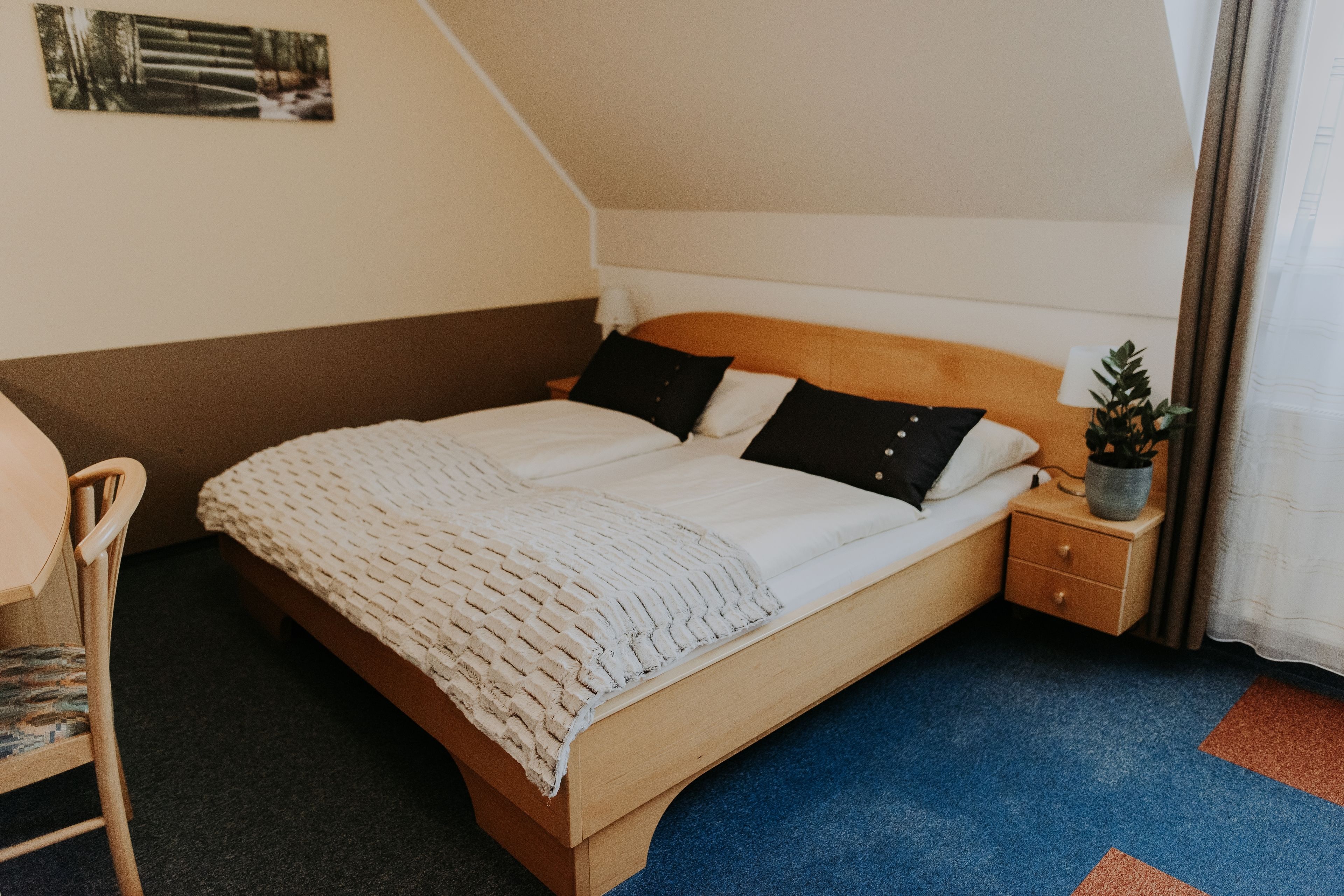 A neatly made bed with a wooden headboard, a bedside table with a lamp, and a small potted plant.