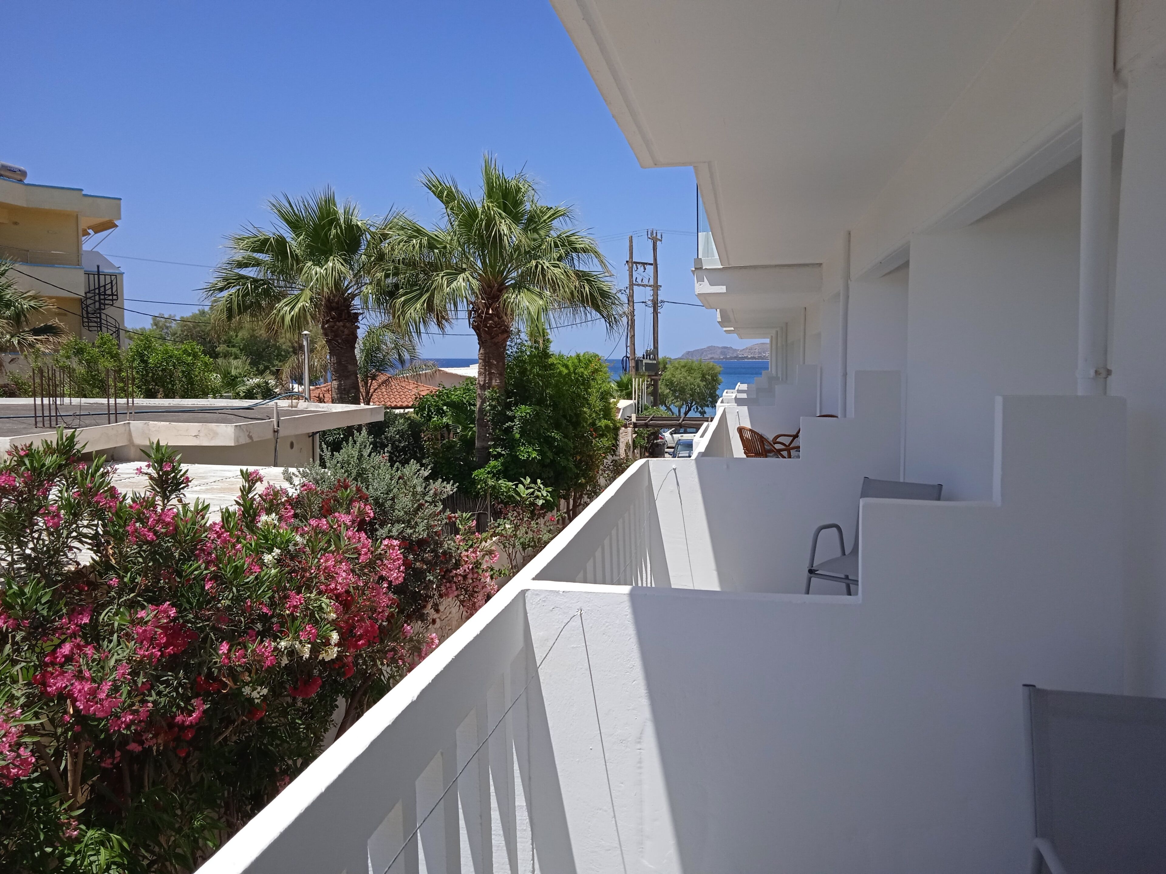 Un balcón con vistas al mar, palmeras y flores rosadas.