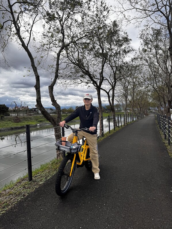 Une personne à vélo, de couleur jaune, avec un panier, circule sur un chemin pavé bordé d’arbres, avec une étendue d’eau en arrière-plan.