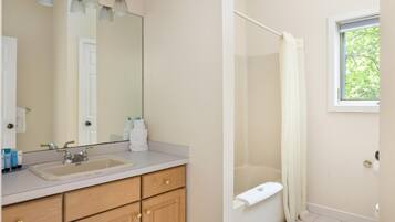 A bathroom with a sink, mirror, and shower curtain.