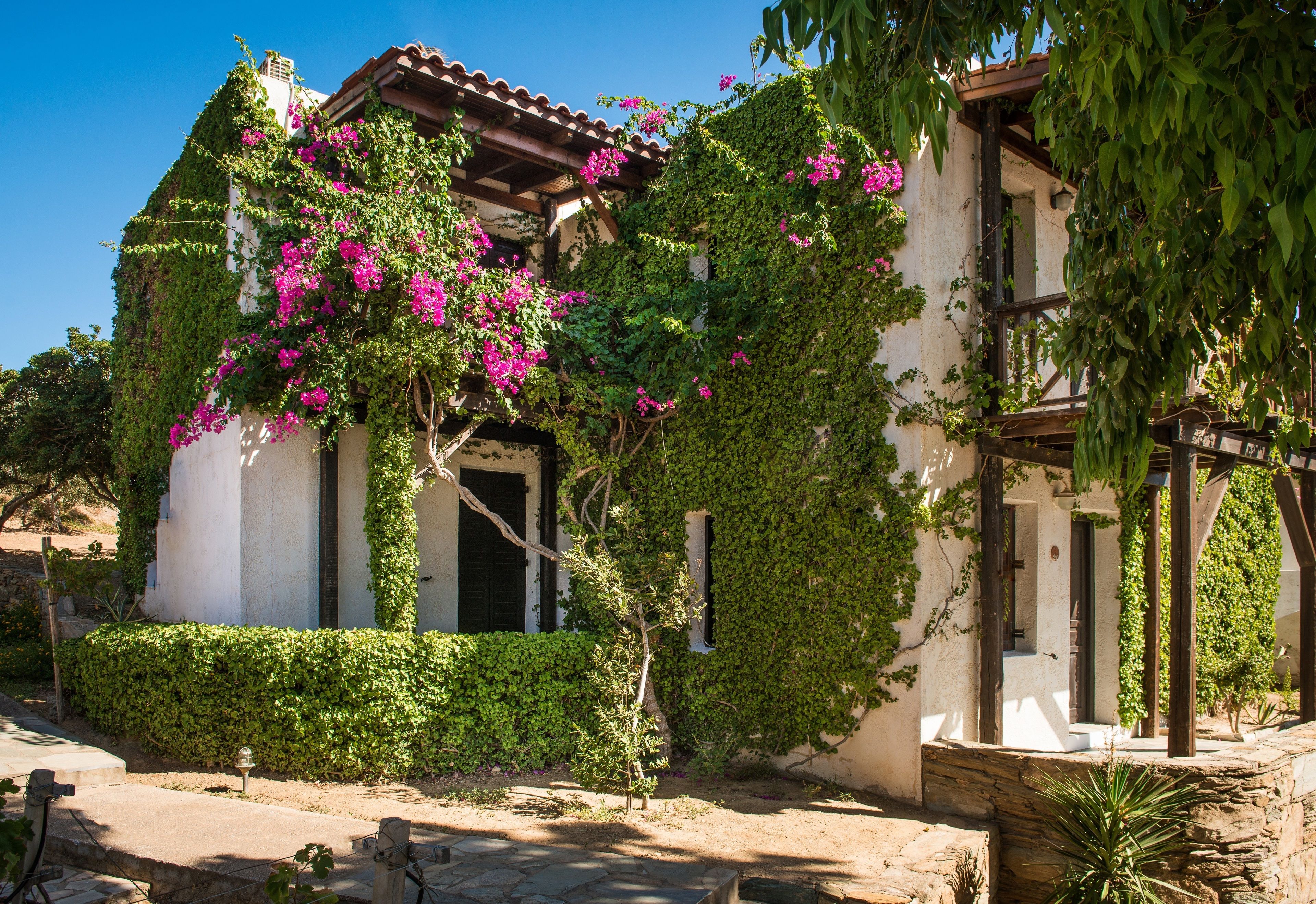 Un bâtiment doté d’une façade en pierre, d’une pergola en bois et d’un petit arbre au premier plan.