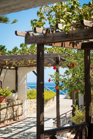 A wooden pergola with climbing plants and red flowers, overlooking a coastal view. - Ambelos (Malevizi)