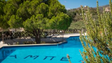 Seasonal outdoor pool, pool umbrellas, pool loungers