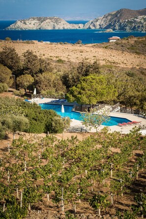 Seasonal outdoor pool, pool umbrellas, pool loungers