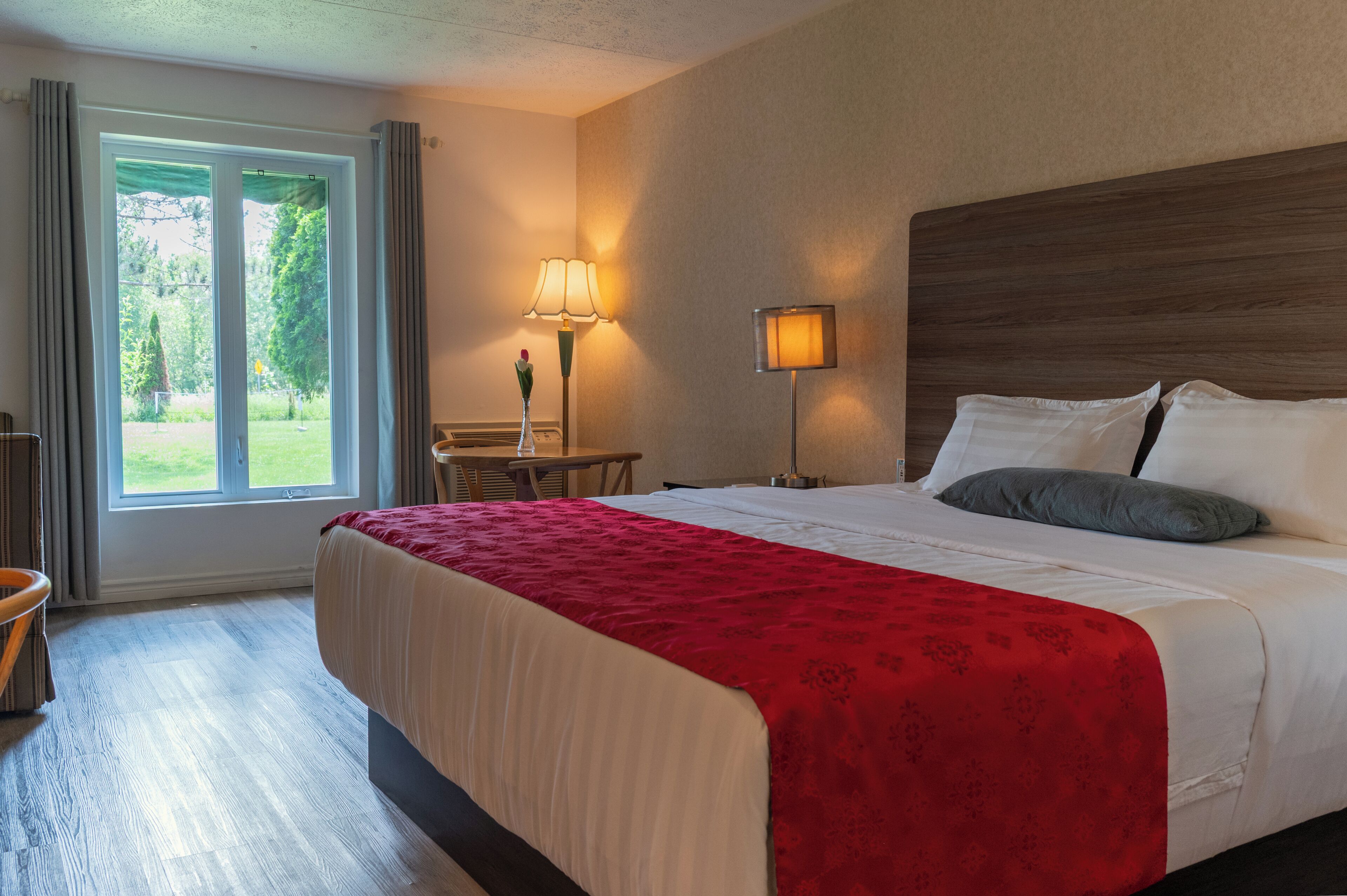 A hotel room with a large bed, a desk, a chair, a lamp, and a view of the outdoors.