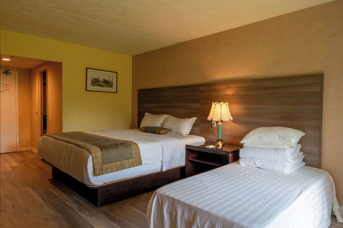 Habitación de hotel con dos camas, cabecero de madera, lámpara de noche y un cuadro en la pared.
