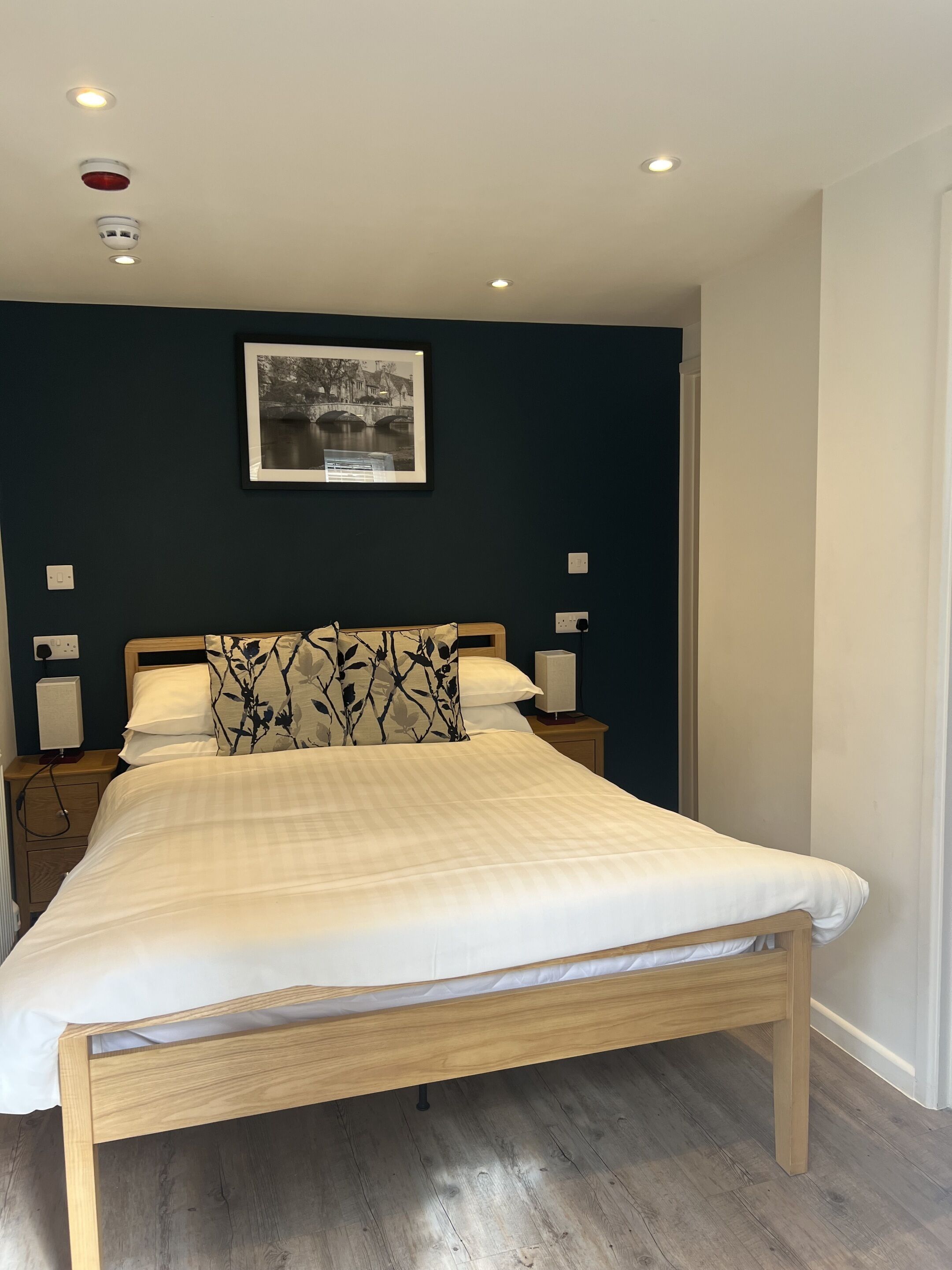 A bedroom with a wooden bed, dark walls, a framed picture, bedside lamps, and a ceiling light.