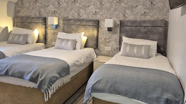 Ein Hotelzimmer mit zwei Betten, jeweils mit Kopfteil, einem gemusterten Wandpapier und einem kleinen Nachttisch mit Lampe.
