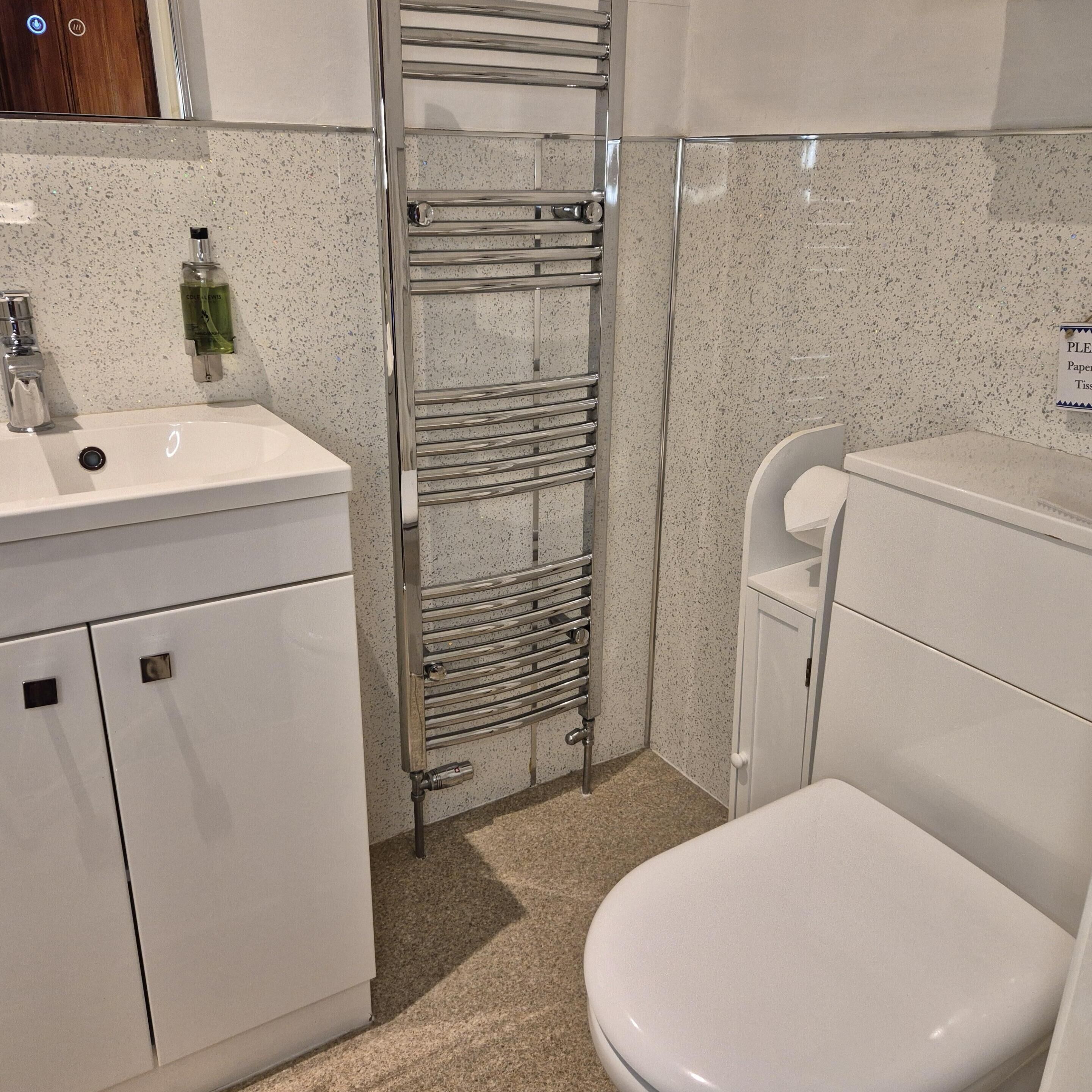 A bathroom with a white sink, a toilet, and a towel rack.