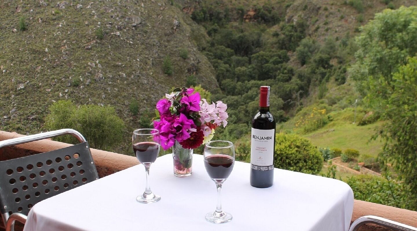 A table with two wine glasses and a bottle of Benjamin wine, set against a scenic hillside view.