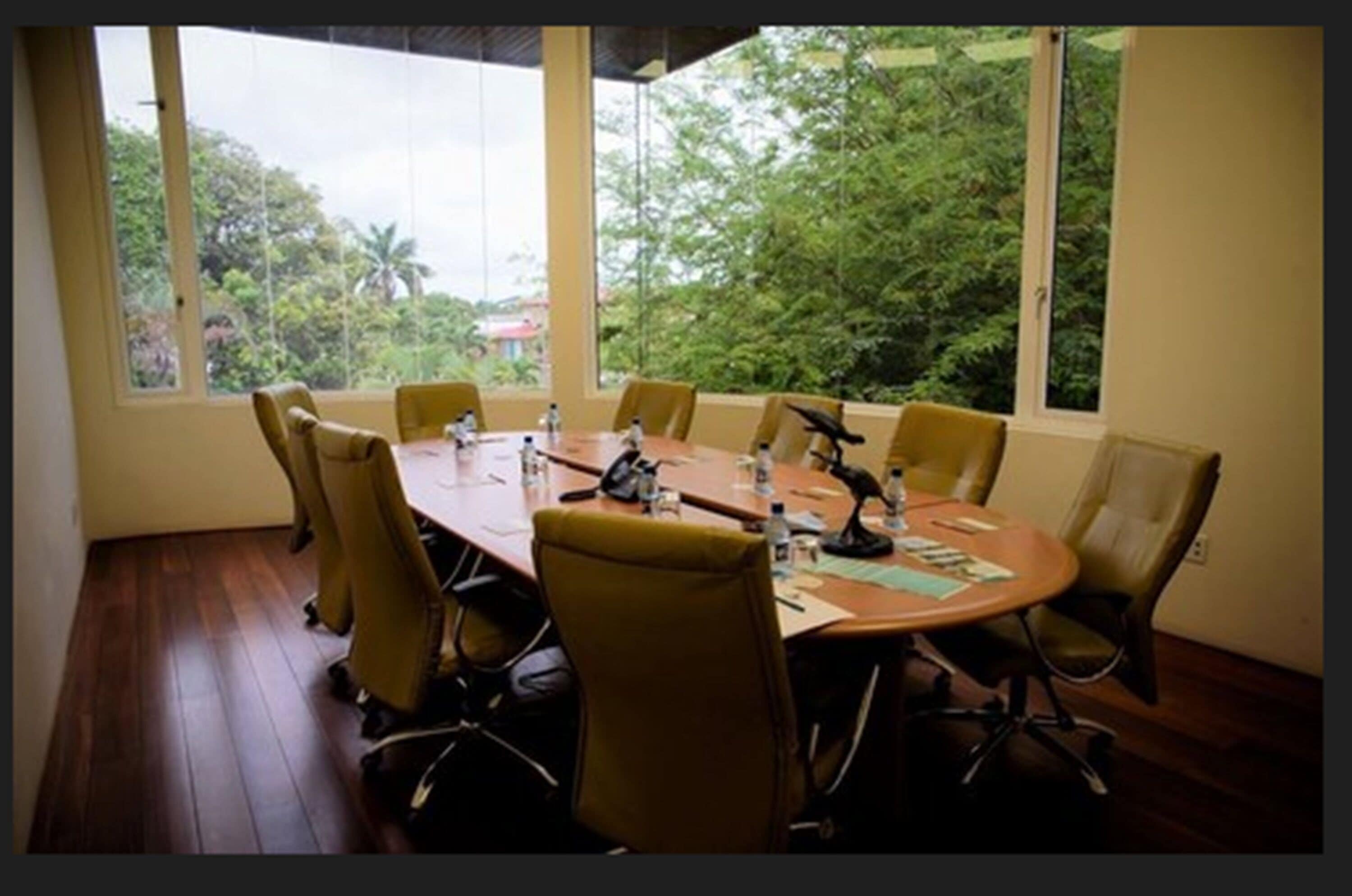 A conference room with a wooden table and chairs, large windows, and a view of greenery outside.