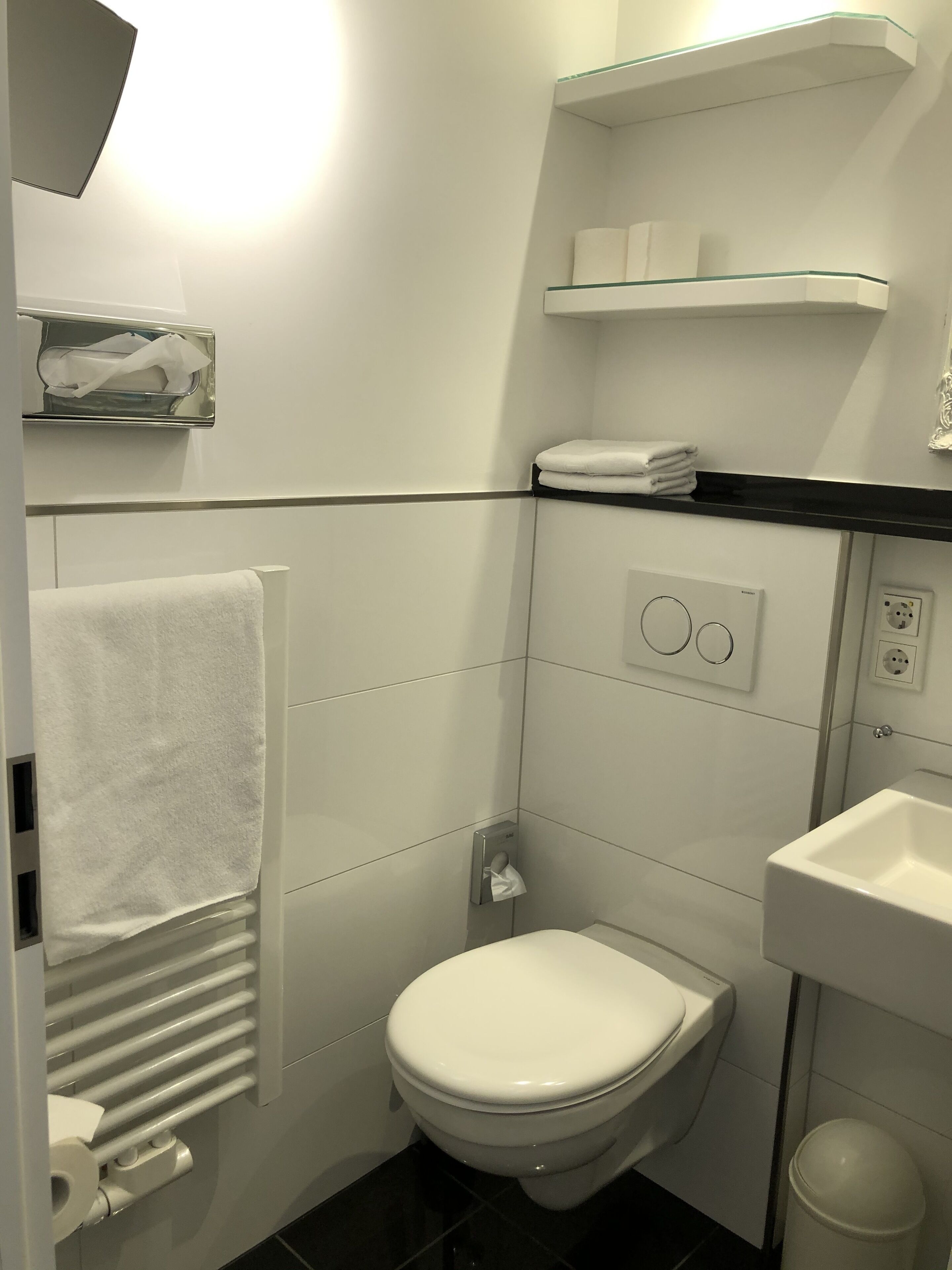 A small, modern bathroom with a toilet, a towel rack, a glass shelf with toiletries, and a sink.