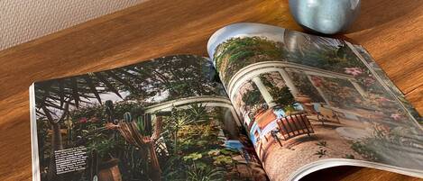 A wooden table with a potted orchid, a blue apple, and an open magazine.