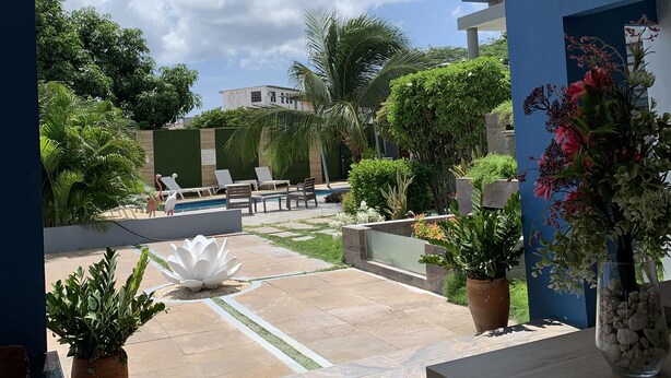Eine Außenpatio-Terrasse mit Pool, Liegestühlen und Blumentöpfen.