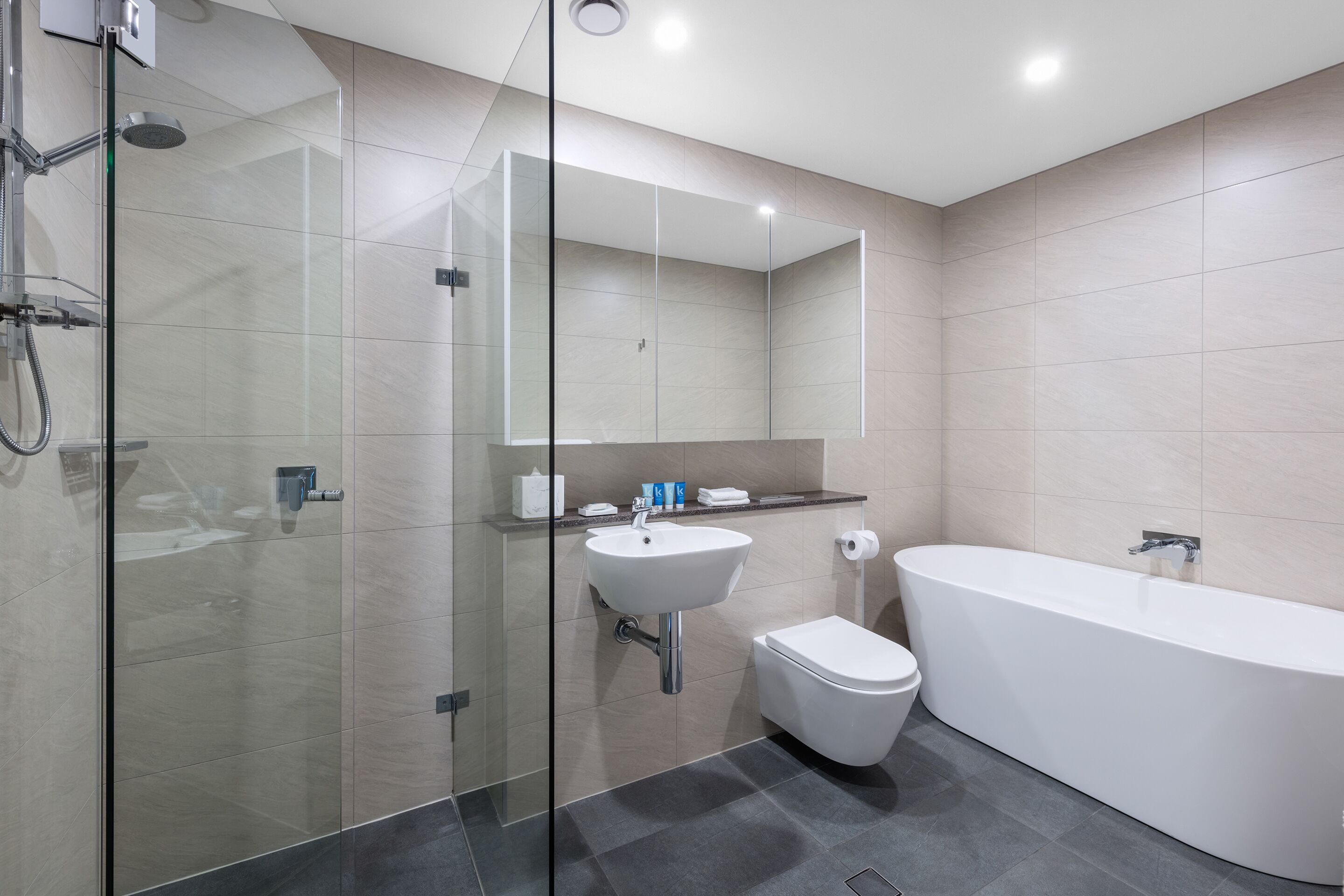 Un baño moderno con ducha de vidrio, lavamanos blanco, inodoro y bañera independiente.