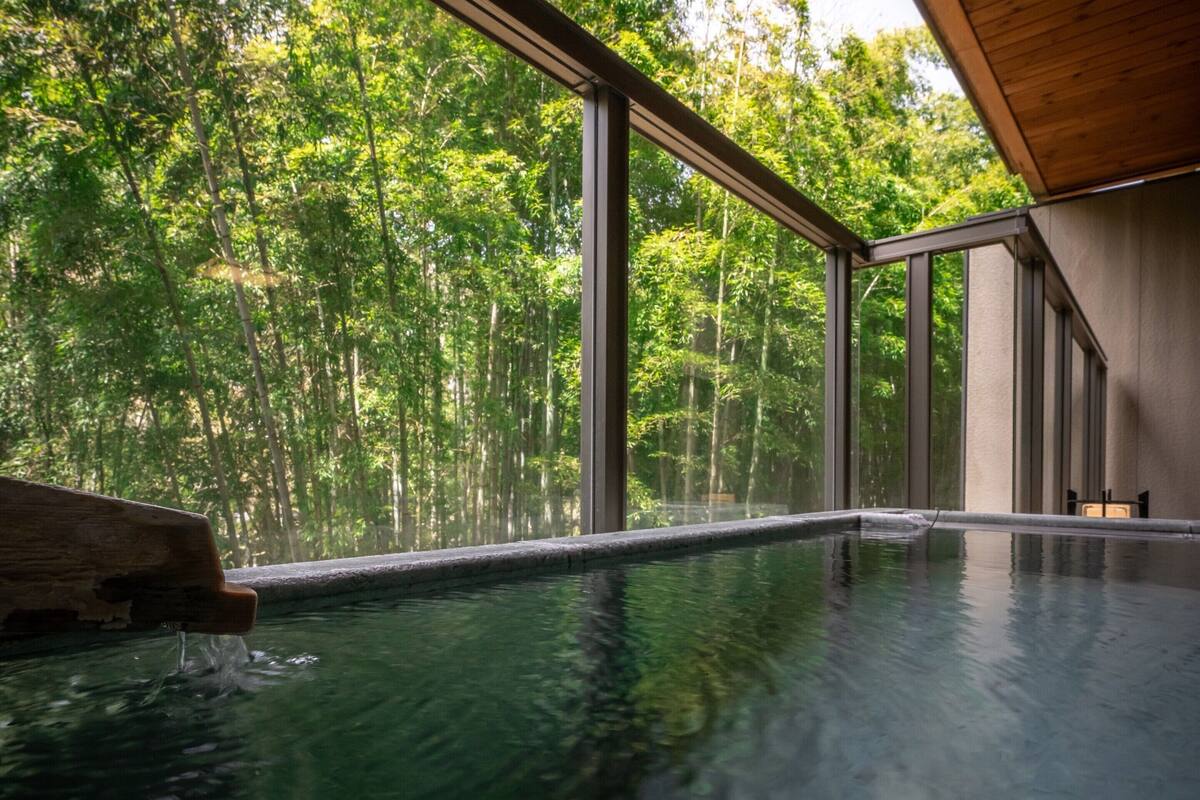 A modern indoor pool with large windows overlooking a dense forest.