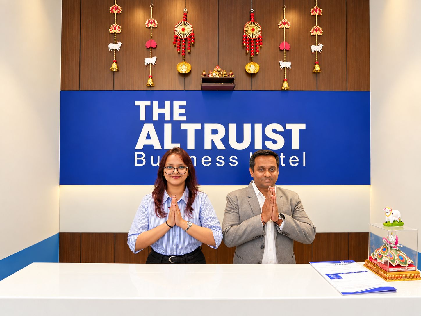 Two individuals standing in front of a reception desk at The Altruist Business Hotel, with a signboard displaying the hotel's name.