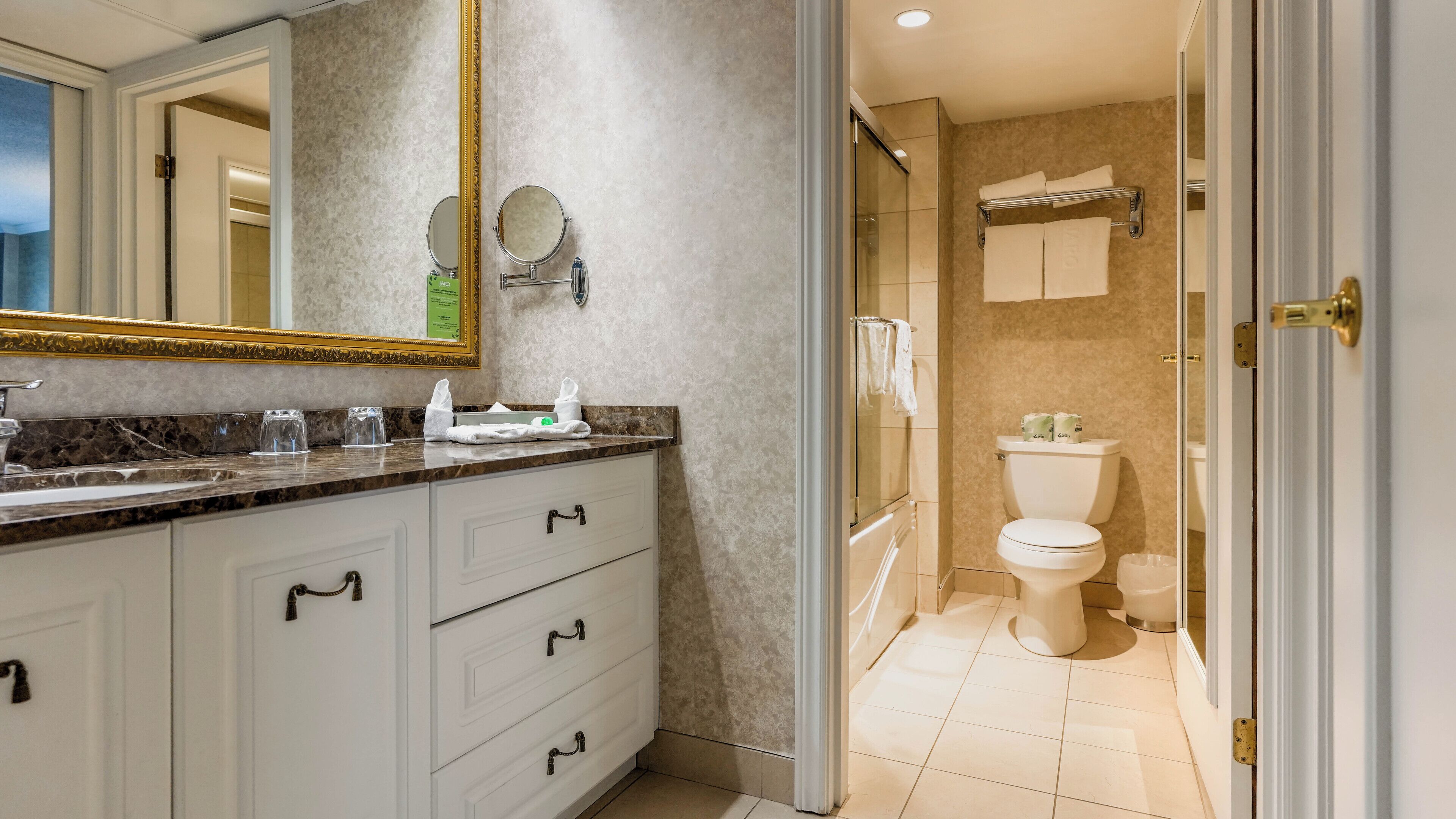 Une salle de bain moderne avec un comptoir en marbre, un grand miroir, des toilettes et un espace douche.