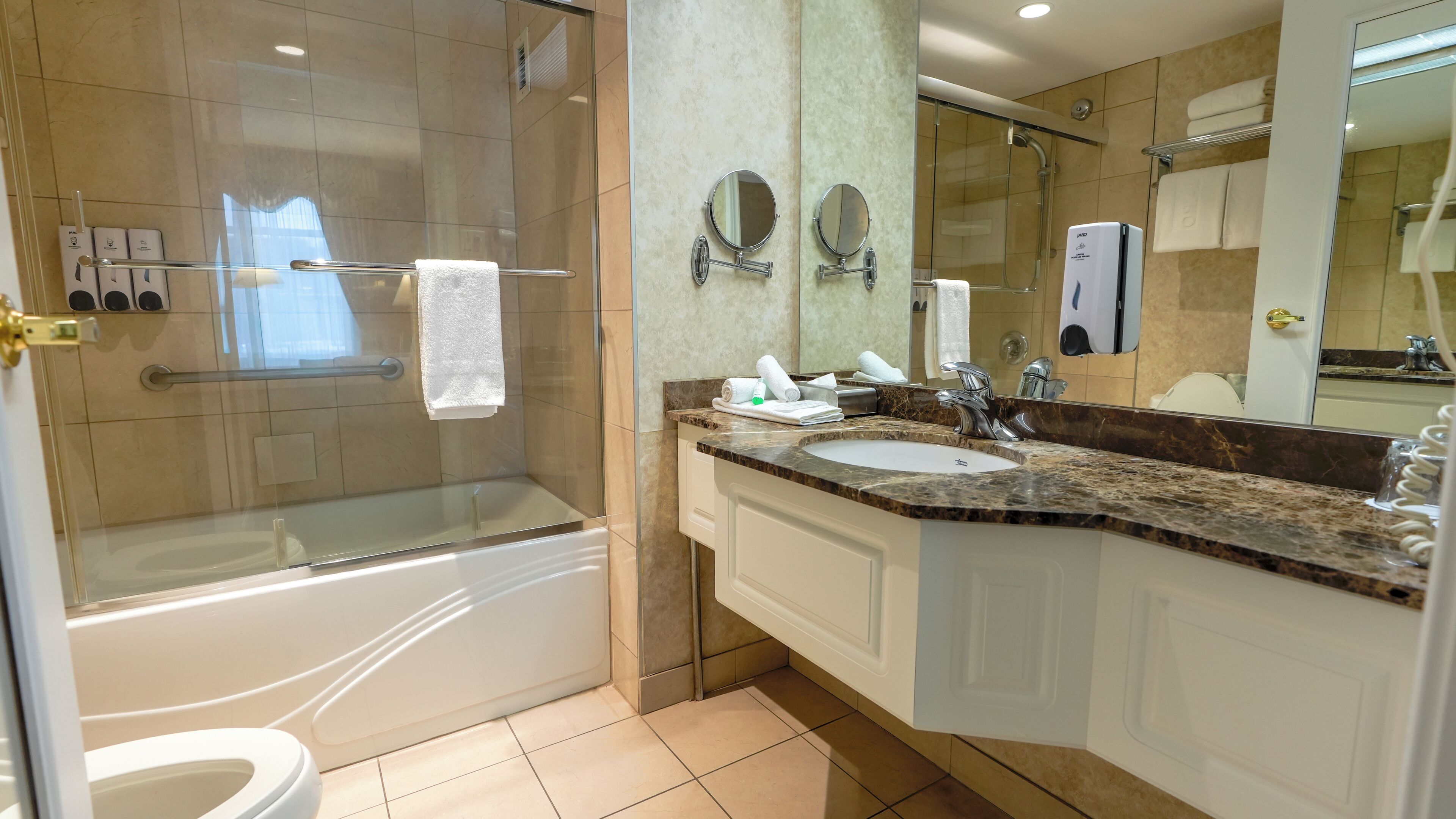 Une salle de bain moderne avec une douche à parois de verre, un lavabo blanc et un grand miroir.