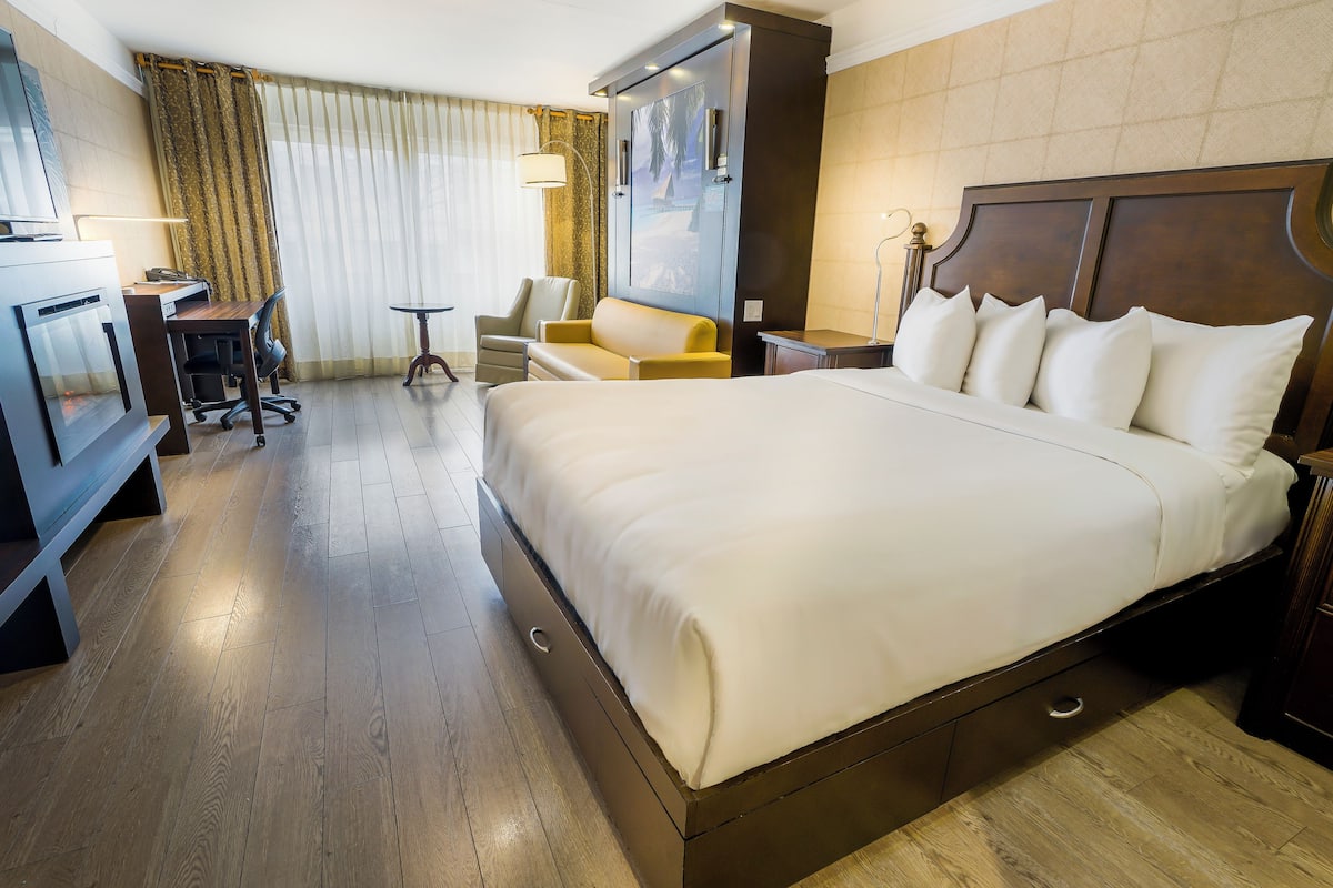 A hotel room with a large bed, a desk, a chair, a TV, and a window with curtains.