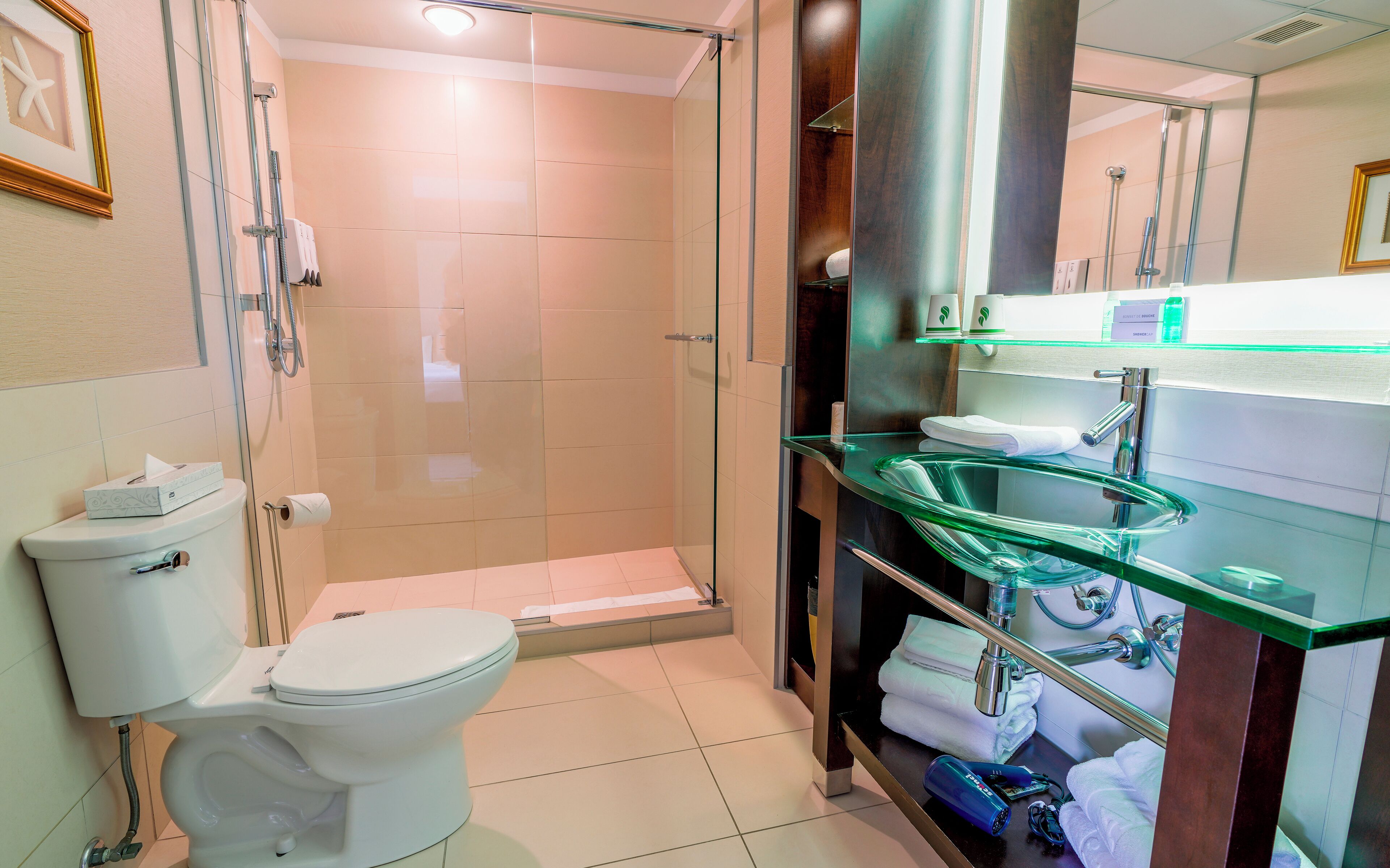 Un baño moderno con cabina de ducha de vidrio, inodoro y lavamanos de vidrio, además de un perchero.