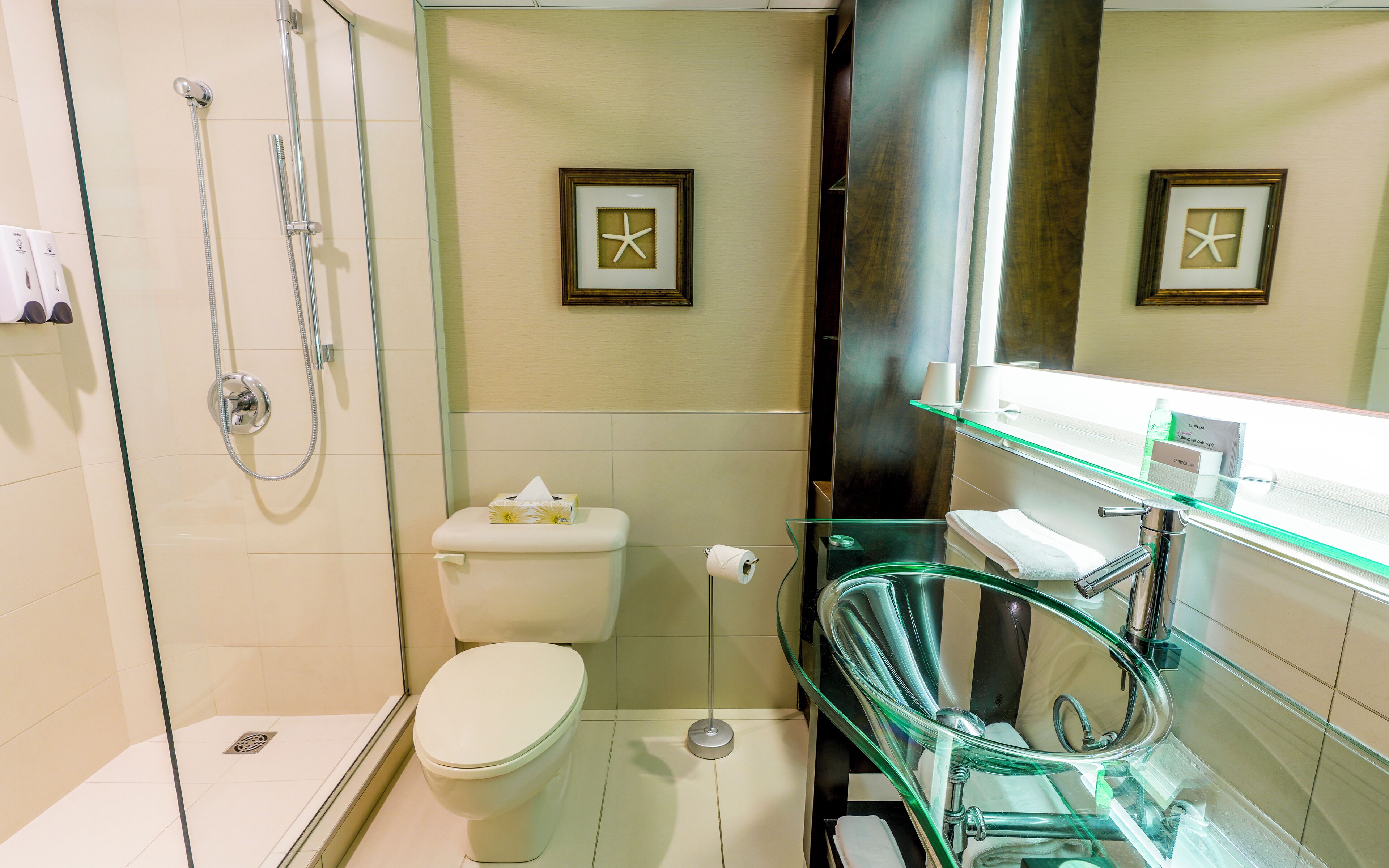 A modern bathroom with a glass shower enclosure, a toilet, and a glass sink.