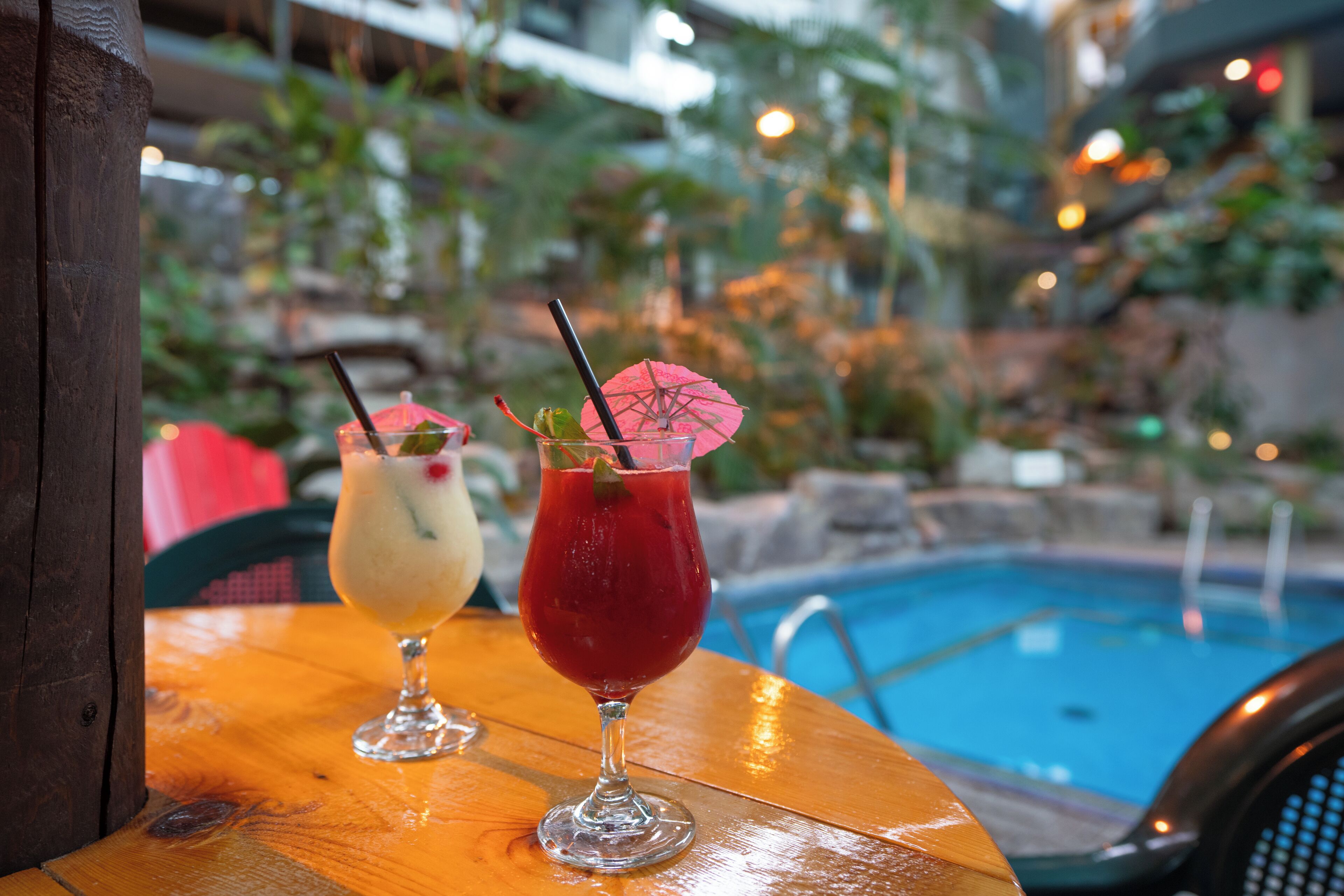 Dos bebidas sobre una mesa de madera cerca de una piscina, con un fondo desenfocado de vegetación y agua.