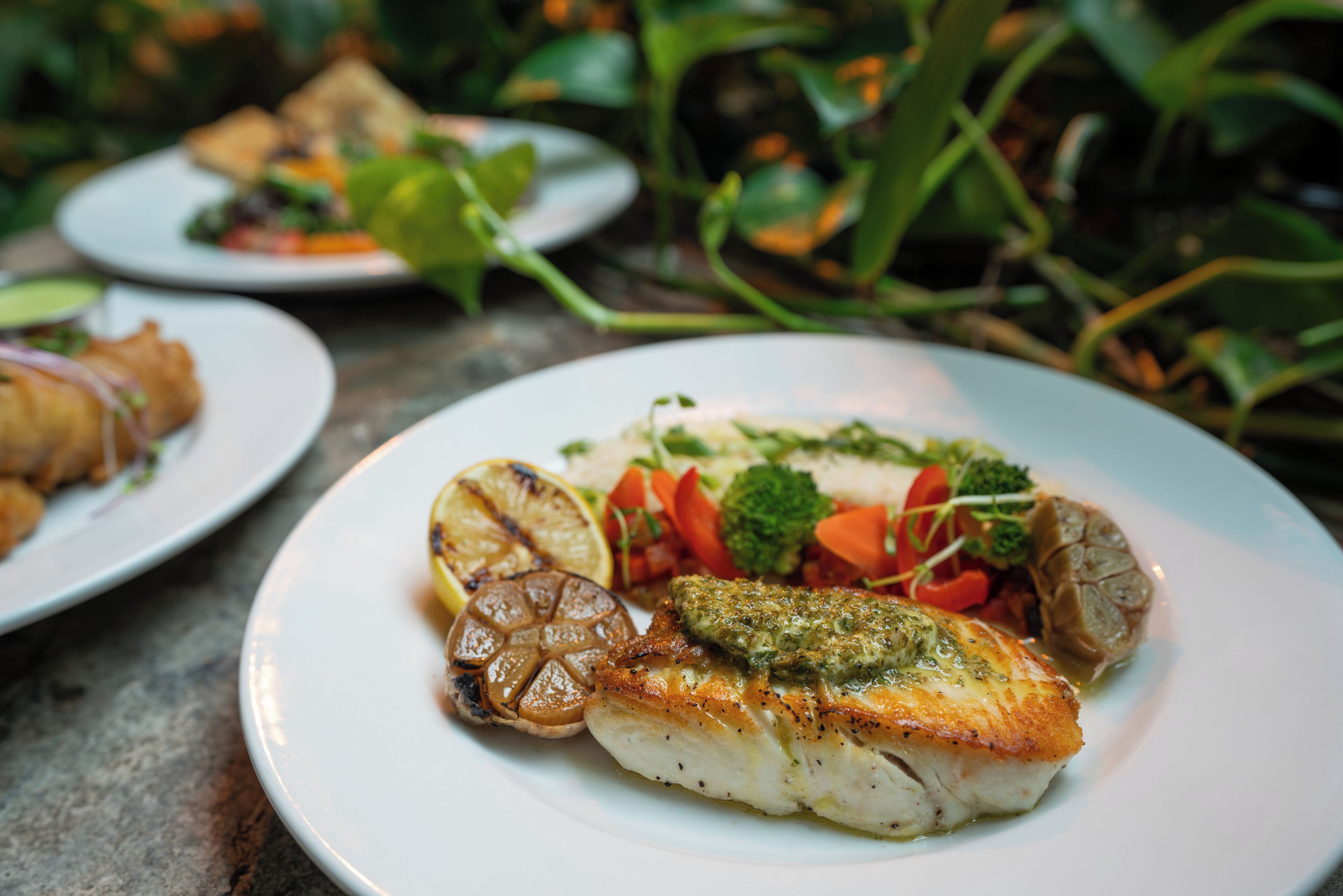 Un plato de comida con verduras a la parrilla y pescado.
