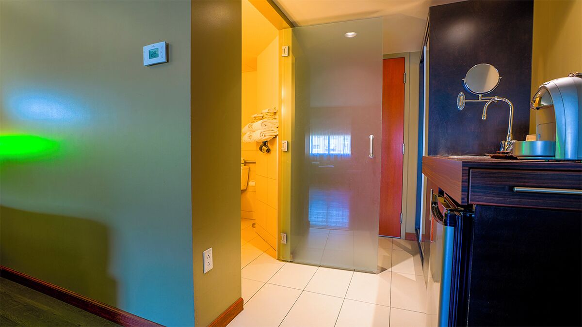 adapted room, 1 queen and 1 queen murphy bed | bathroom | free toiletries, hair dryer, towels