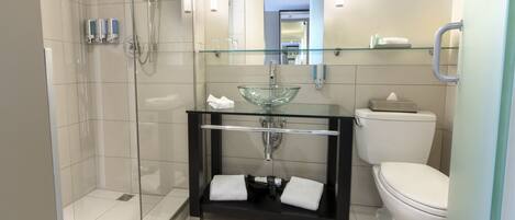 Une salle de bain moderne avec une douche à parois de verre, un lavabo en verre et des toilettes.