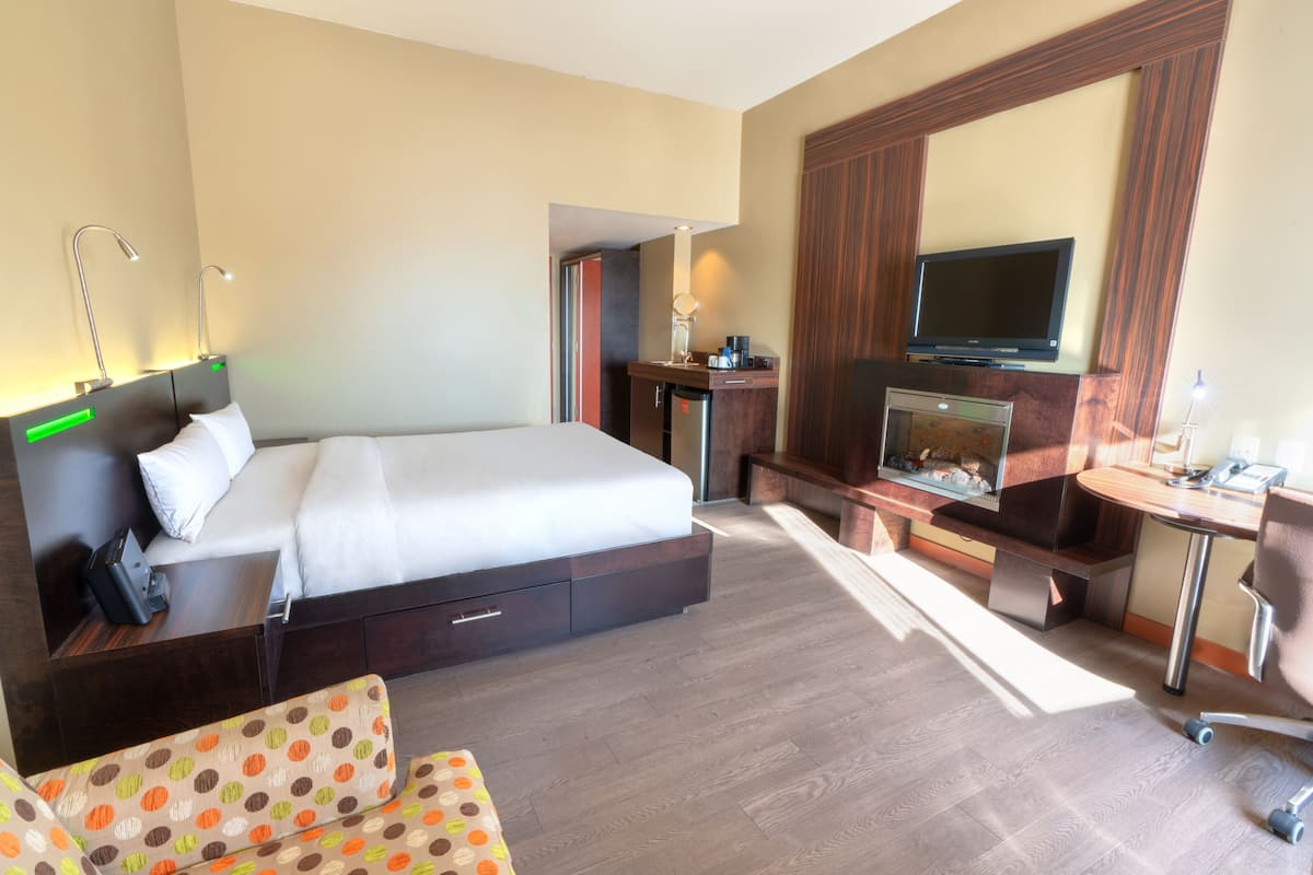 Una habitación de hotel con cama, escritorio, televisión, chimenea y sofá.