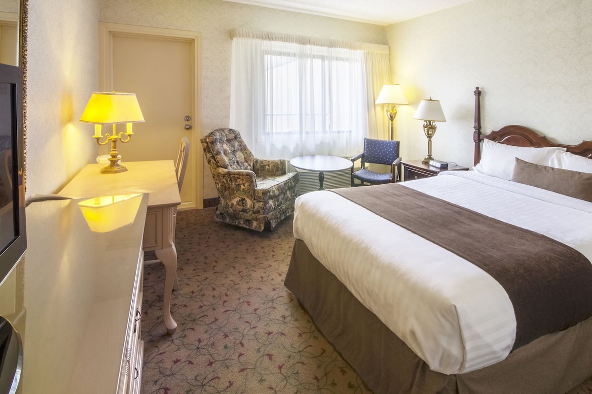 A hotel room with a bed, two chairs, a small table, a TV, and lamps.