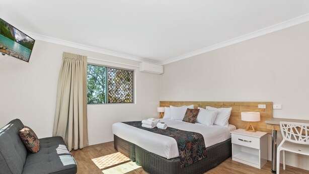A hotel room with a bed, a sofa, a desk, and a TV mounted on the wall. - Castle Crest Motel (North Ward)