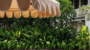 A swimming pool with a clear blue water surface, surrounded by lush green plants and a white umbrella providing shade.
